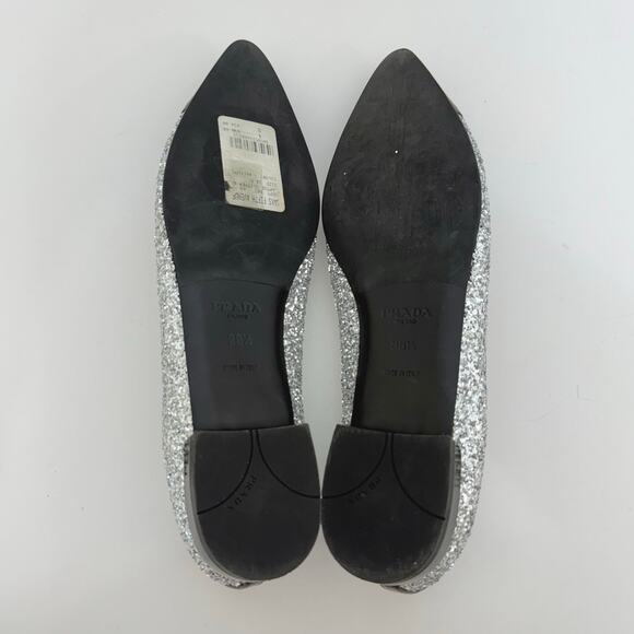 Prada Glitter Ballerina Flats Pointed Cap Toe Silver/Black Shoes 38.5 (US 8.5) - Picture 12 of 15